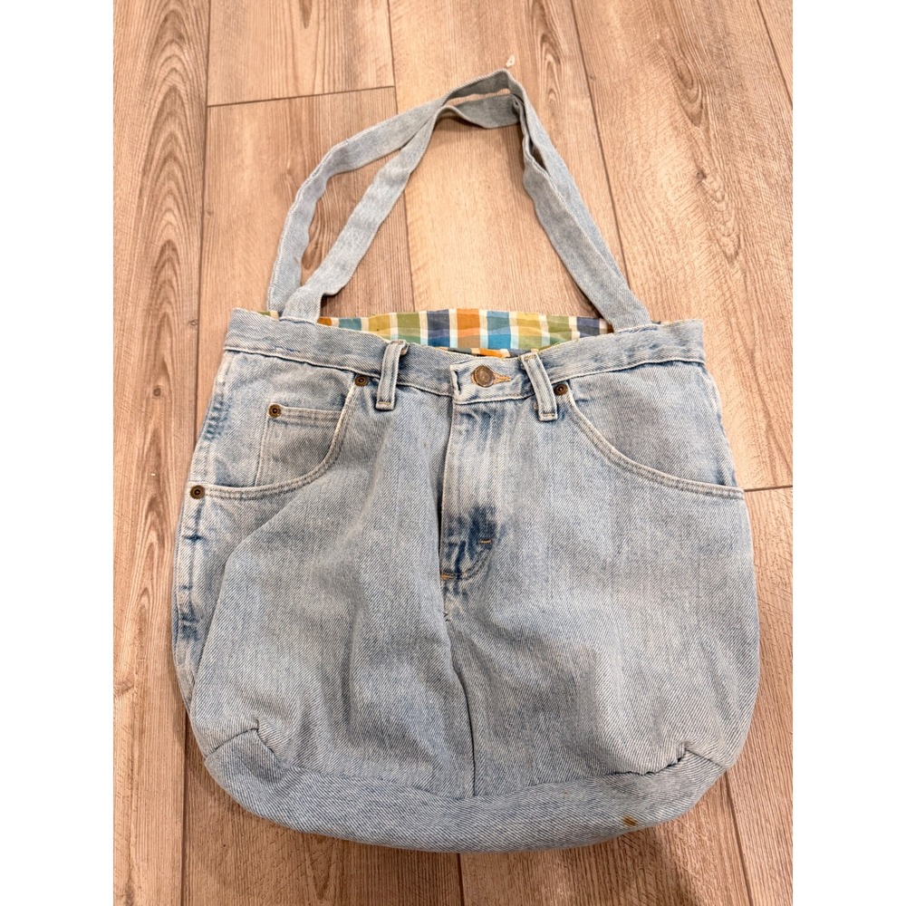 Wrangler Upcycled Denim Tote Bag Light Wash Plaid Lined Handmade Jean Purse
